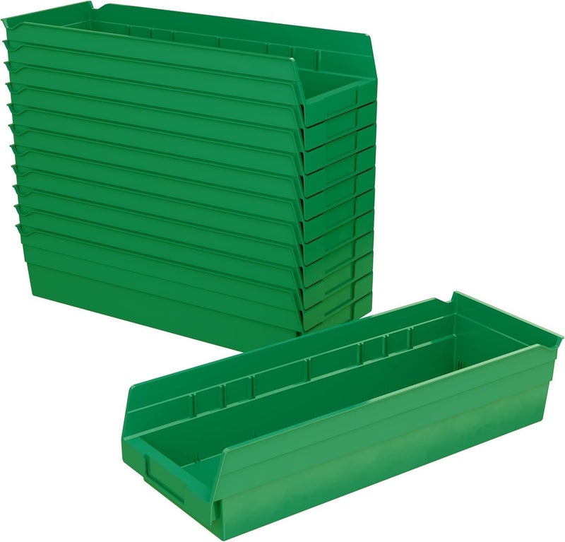 Akro-Mils 30138 Plastic Shelf Bins, Heavy Duty Storage Bins for Garage, Closet, and Drawer Organization, 18-Inch x 6-1/2-Inch x 4-Inch, Green, 12-Pack - Image 1